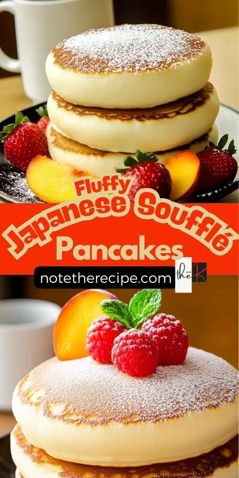 Fluffy Japanese Soufflé Pancakes Recipe – Easy & Airy Brunch Fluffy Japanese Soufflé Pancakes stacked high, golden-brown, dusted with powdered sugar, and served with fresh strawberries and peaches. Text overlay highlights the recipe.