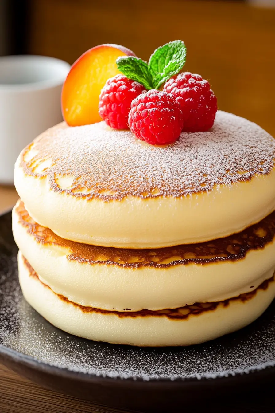 Fluffy Japanese Soufflé Pancakes with Raspberries & Mint Fluffy Japanese soufflé pancakes stacked high, dusted with powdered sugar, and topped with fresh raspberries, a peach slice, and a sprig of mint.