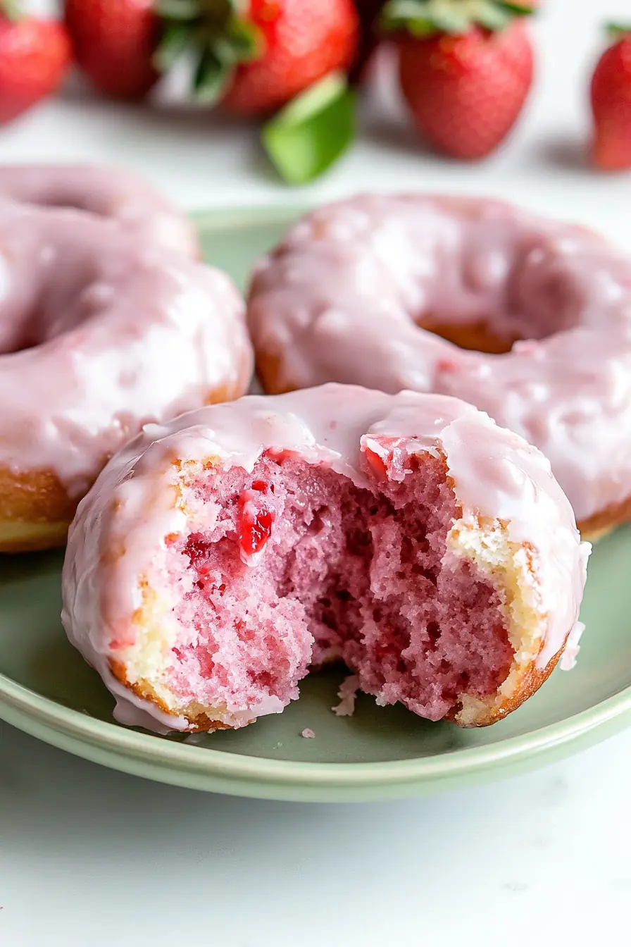 Fluffy Pink Strawberry Donuts with Fresh Strawberry Glaze Soft and fluffy strawberry donut with glaze, featuring a naturally pink strawberry-infused dough and fresh strawberry pieces. A sweet and delicious baked treat.