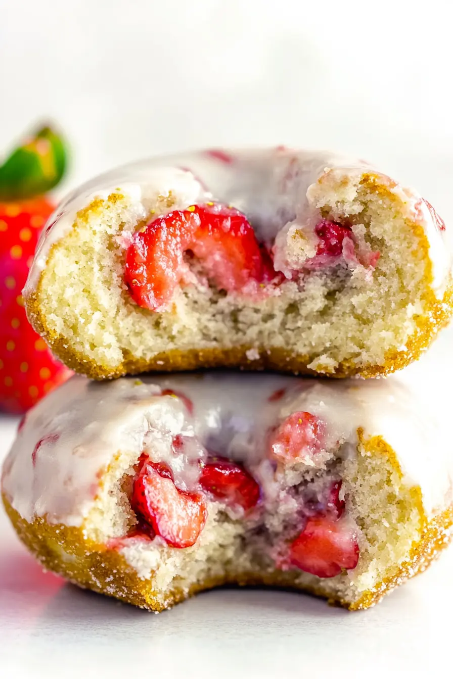 Fluffy Strawberry Donut with Fresh Strawberries and Glaze A soft, fluffy strawberry donut with glaze cut in half, revealing fresh strawberry pieces inside. A delicious baked treat perfect for brunch or dessert.