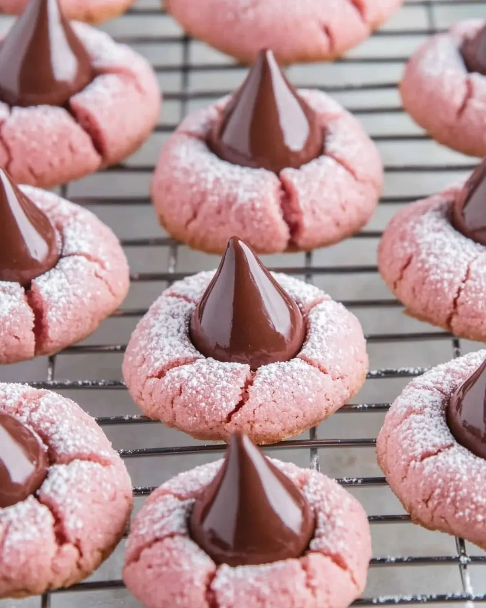 Freshly baked Strawberry Kiss Cookies cooling on a wire rack, dusted with powdered sugar and topped with glossy chocolate kisses.