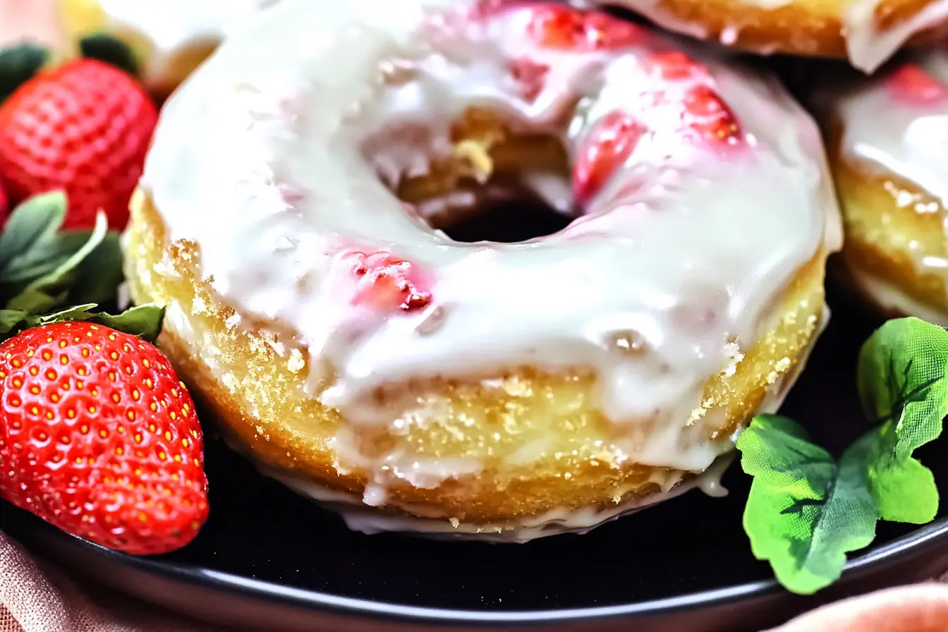 Golden Strawberry Donut with Fresh Strawberry Glaze Golden-baked strawberry donut with homemade glaze, topped with fresh strawberry bits and a smooth, glossy strawberry glaze. A delicious treat for brunch or dessert.