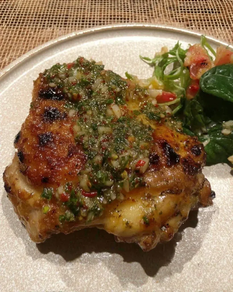 Grilled chimichurri chicken thigh on a beige plate, topped with parsley-garlic sauce and paired with a small spinach–tomato salad.