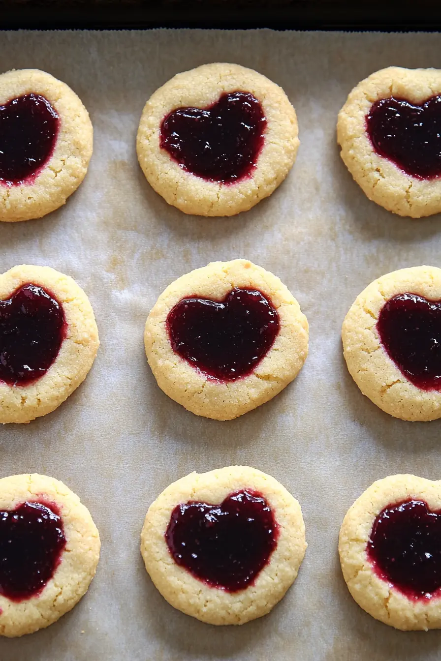 Freshly baked Heart Jam Cookies with a golden, buttery texture and heart-shaped raspberry jam centers, cooling on a baking sheet.