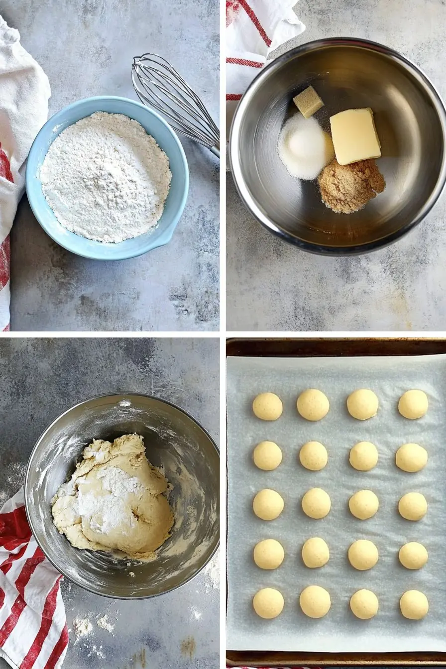 Step-by-step process of making Heart Jam Cookies, including mixing dry ingredients, creaming butter and sugar, forming dough, and rolling dough balls on a baking sheet.
