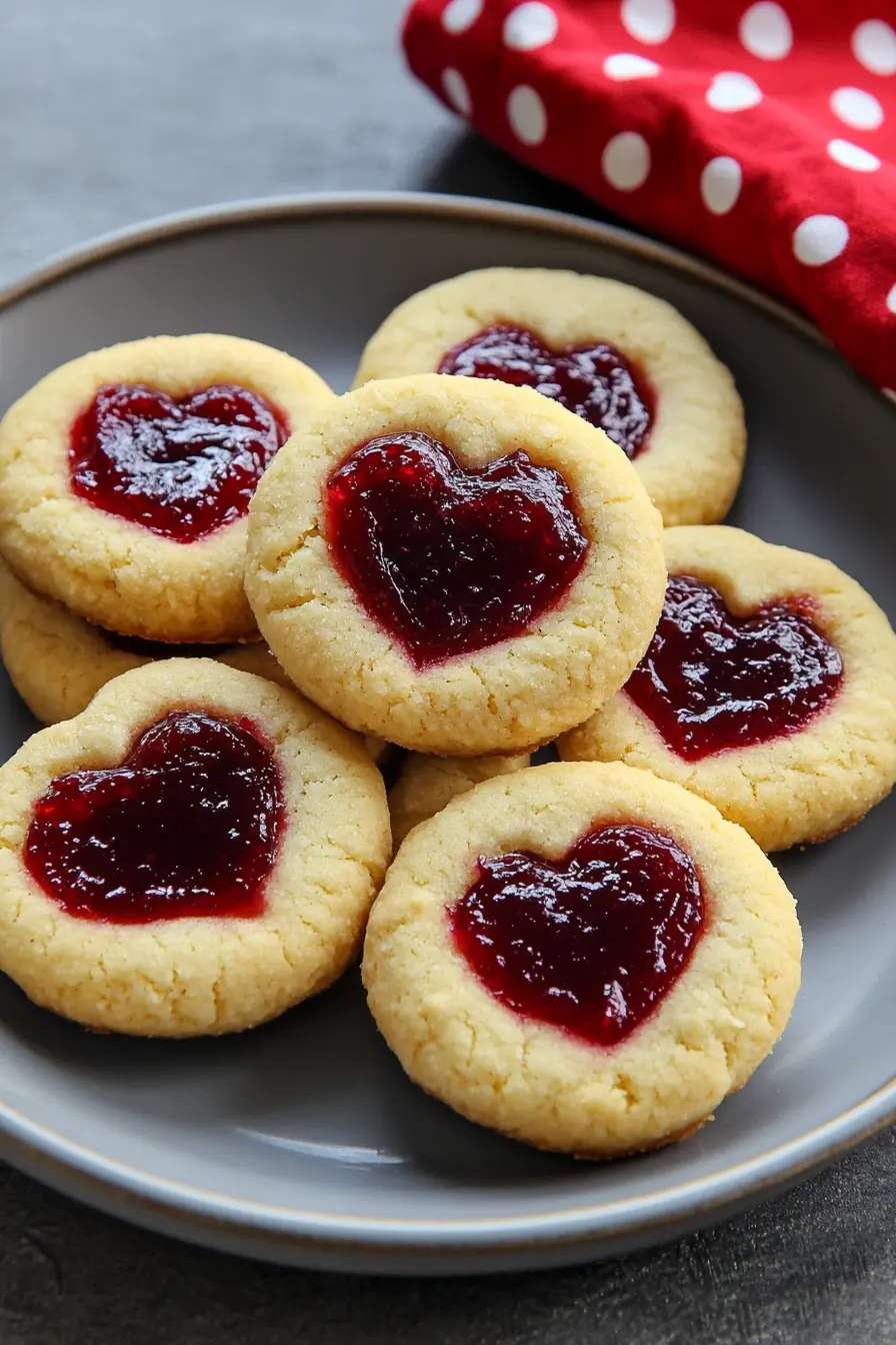 A plate of freshly baked Heart Jam Cookies with a golden, buttery texture and heart-shaped raspberry jam centers, perfect for Valentine’s Day or any occasion.