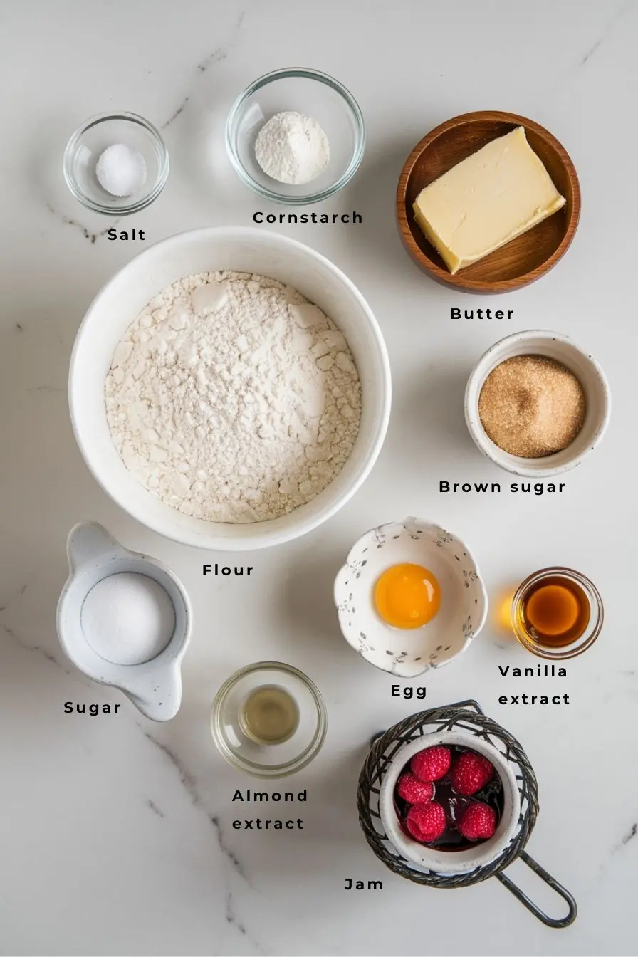 Heart Jam Cookies ingredients laid out on a white surface, including flour, sugar, butter, egg yolk, vanilla extract, almond extract, cornstarch, salt, and raspberry jam.