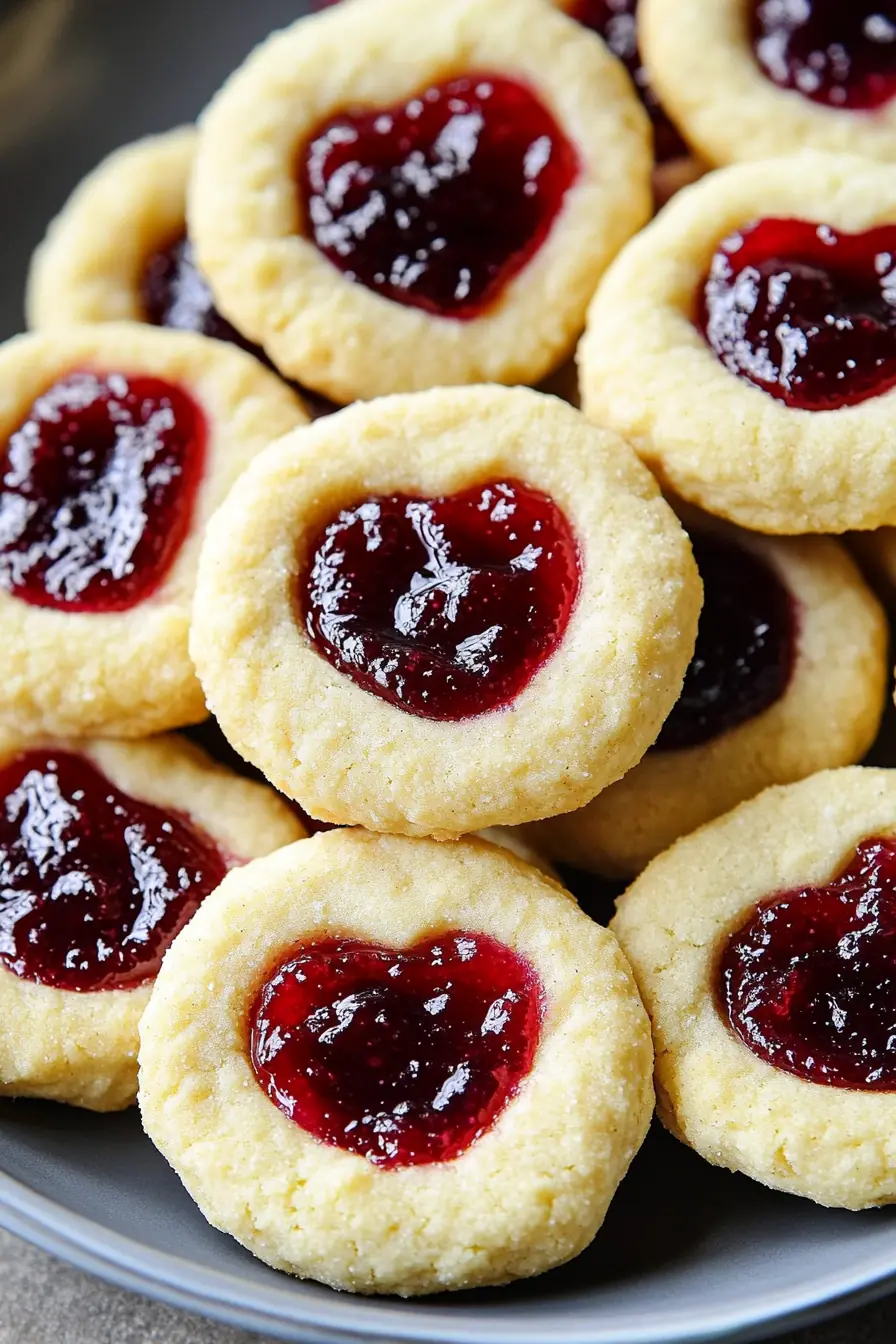 A close-up of freshly baked Heart Jam Cookies with a buttery texture and heart-shaped raspberry jam centers, served on a plate.