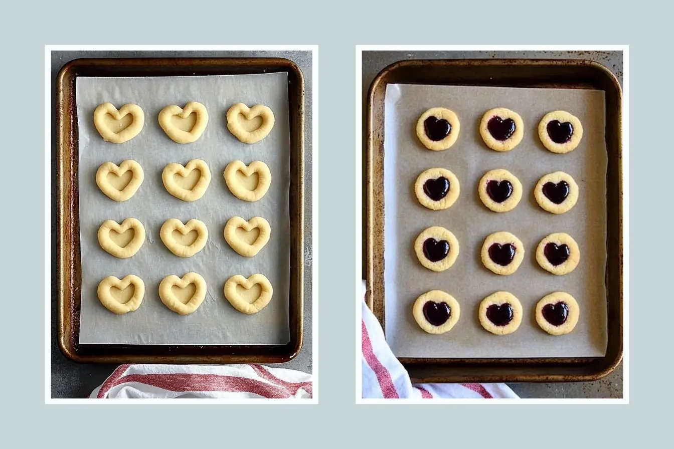 Side-by-side images showing the shaping and filling process of Heart Jam Cookies. Dough is formed into heart shapes before baking, then filled with raspberry jam.