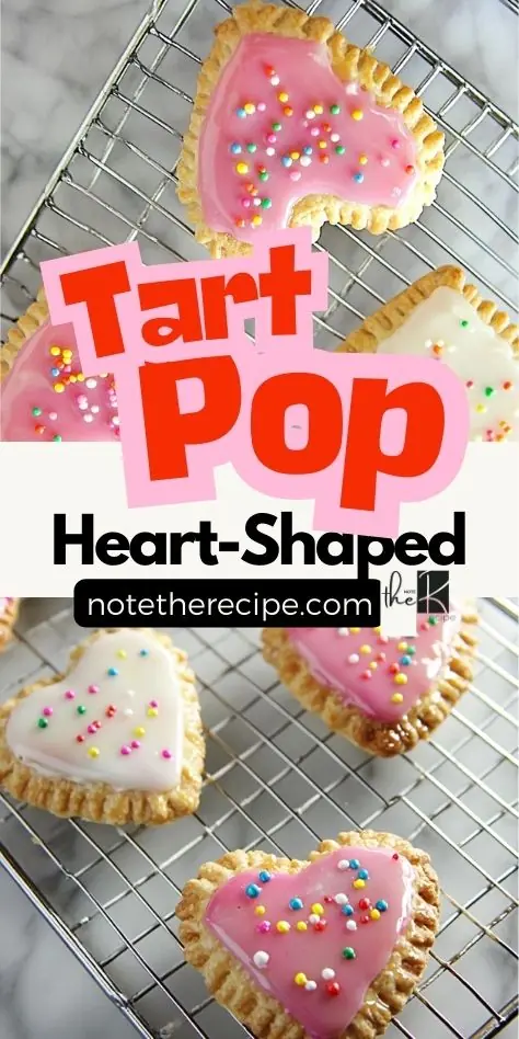 Heart-shaped pop tarts with pink and white icing, decorated with colorful sprinkles, displayed on a wire rack with bold text overlay promoting the recipe.