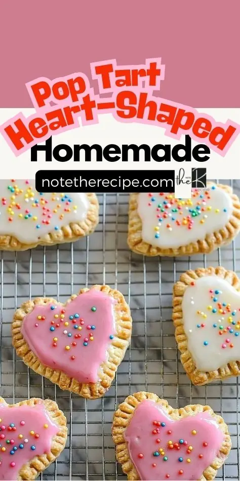 Homemade heart-shaped pop tarts with pink and white icing, decorated with colorful sprinkles, cooling on a wire rack. A perfect sweet treat for any occasion.