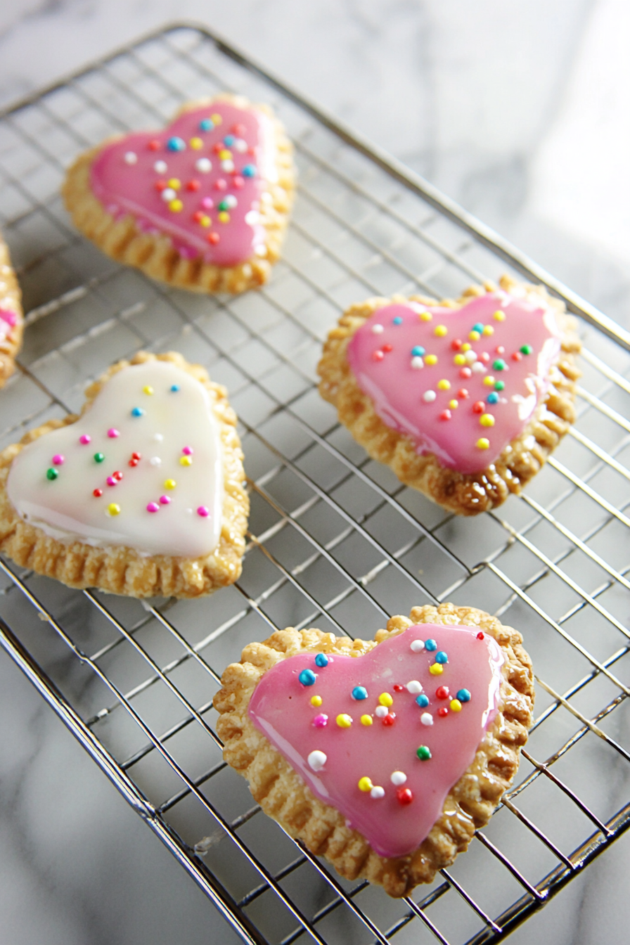 Heart-shaped pop tarts with pink and white icing, sprinkled with colorful decorations, cooling on a wire rack. A delightful homemade pastry for any occasion.