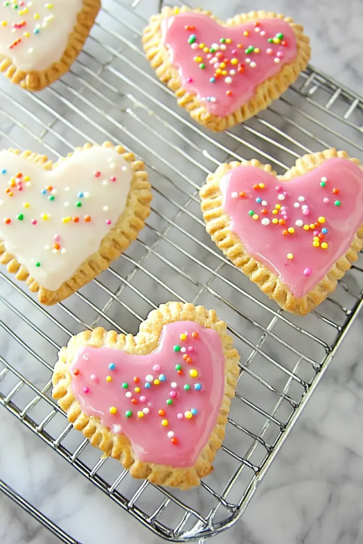Heart-shaped pop tarts with pink and white icing, decorated with colorful sprinkles, cooling on a wire rack. A fun homemade pastry perfect for special occasions.