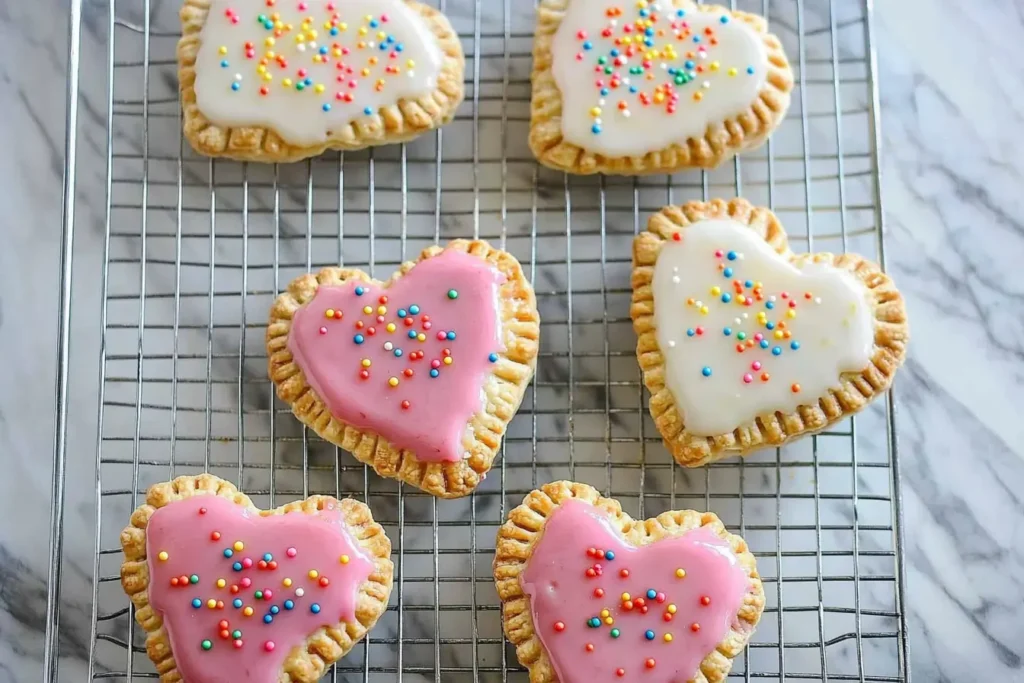 Heart-shaped pop tarts with pink and white icing, decorated with colorful sprinkles, cooling on a wire rack. A fun homemade treat for any occasion.