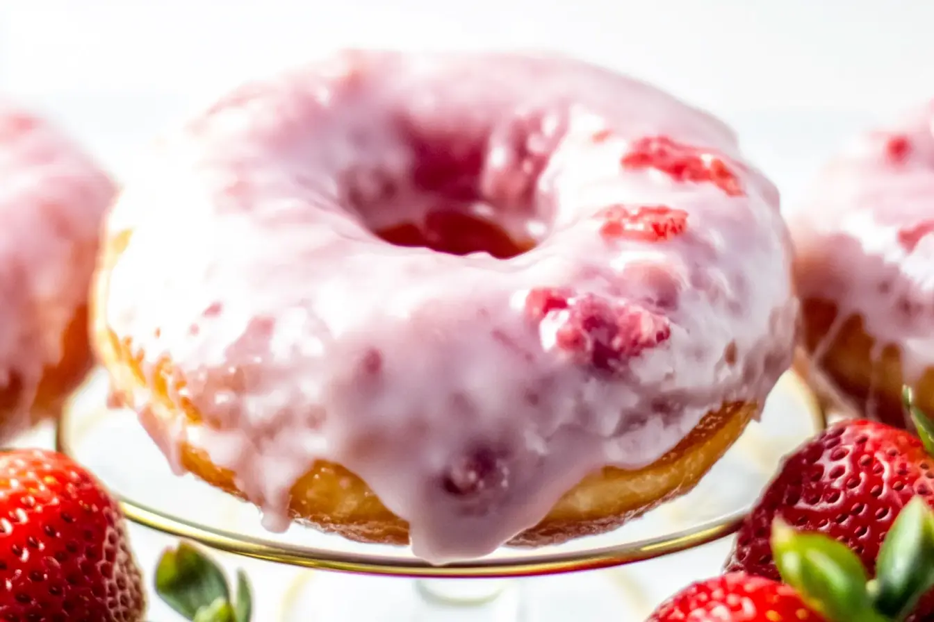 Homemade Strawberry Donut with Fresh Strawberry Glaze Close-up of a freshly baked strawberry donut with glaze, featuring a glossy pink strawberry glaze and golden edges. A perfect sweet treat for brunch or dessert.