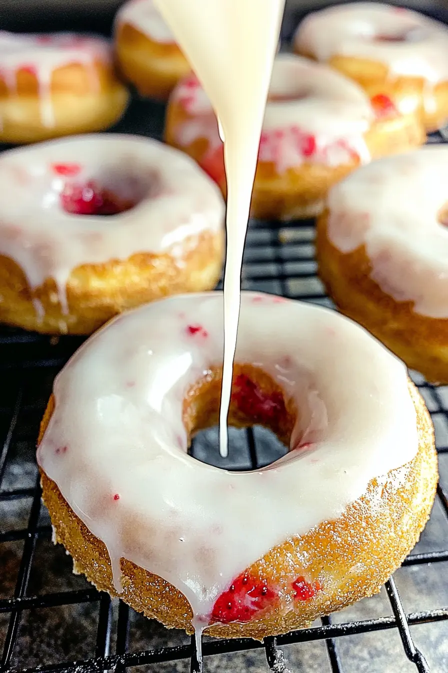Homemade Strawberry Donuts with Sweet Glaze Freshly baked strawberry donuts on a cooling rack, drizzled with a sweet homemade glaze. The perfect soft and fluffy treat for brunch or dessert.