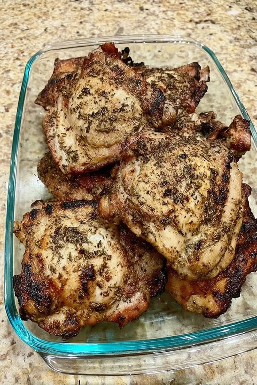 Grilled chimichurri chicken thighs piled in a glass dish on a kitchen countertop.