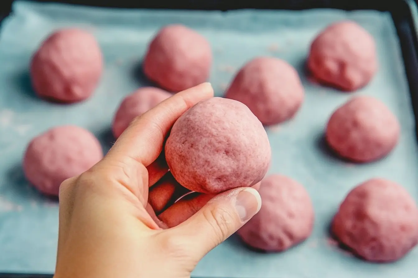 A hand holding a perfectly shaped pink dough ball for Strawberry Kiss Cookies, with more cookie dough balls arranged on a parchment-lined baking sheet in the background.