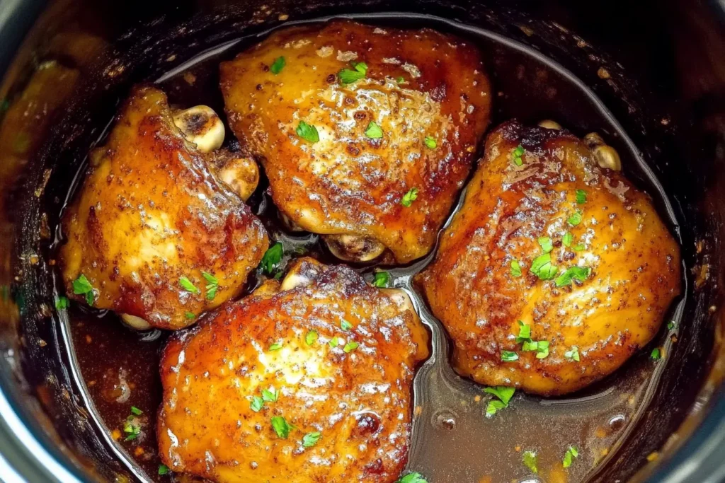Slow Cooker Brown Sugar Garlic Chicken thighs cooked in a rich, caramelized garlic and brown sugar sauce, garnished with fresh parsley inside a crockpot.