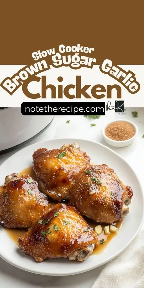 Slow Cooker Brown Sugar Garlic Chicken – Easy & Flavorful Slow Cooker Brown Sugar Garlic Chicken thighs served on a plate, coated in a glossy garlic brown sugar glaze, with a slow cooker and ingredients in the background.