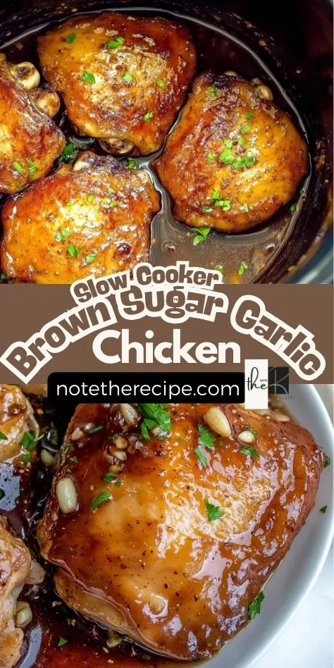 Slow Cooker Brown Sugar Garlic Chicken – Easy Crockpot Recipe Slow Cooker Brown Sugar Garlic Chicken, featuring tender, glazed chicken thighs in a rich, caramelized garlic brown sugar sauce, perfect for an easy crockpot meal.