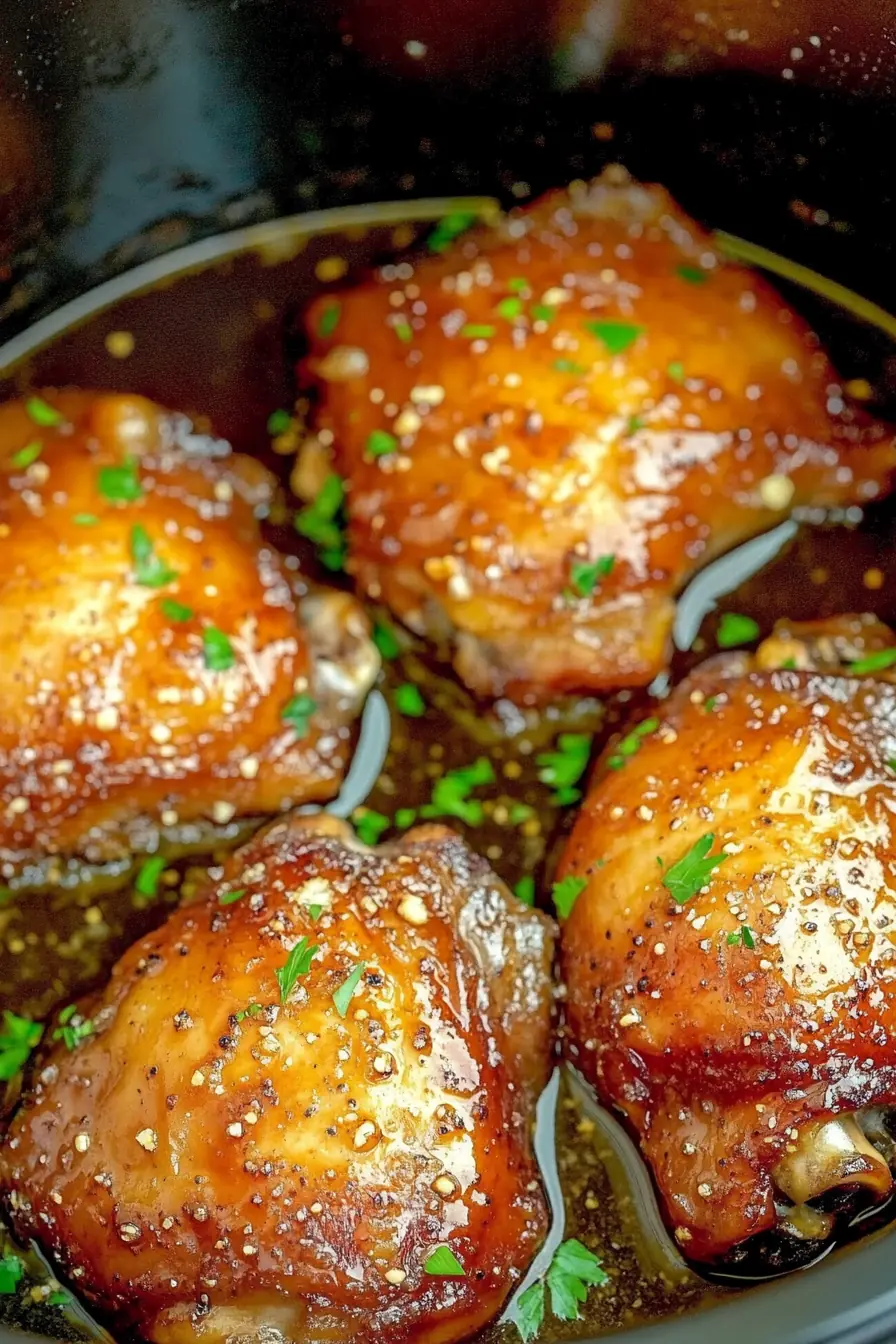 Slow Cooker Brown Sugar Garlic Chicken – Juicy & Flavorful Slow Cooker Brown Sugar Garlic Chicken thighs simmering in a rich, caramelized garlic brown sugar sauce, garnished with fresh parsley inside a slow cooker.