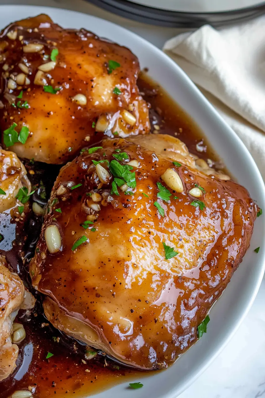 Slow Cooker Brown Sugar Garlic Chicken – Sweet & Savory Close-up of Slow Cooker Brown Sugar Garlic Chicken thighs coated in a thick, glossy garlic brown sugar glaze, garnished with fresh parsley on a white plate.