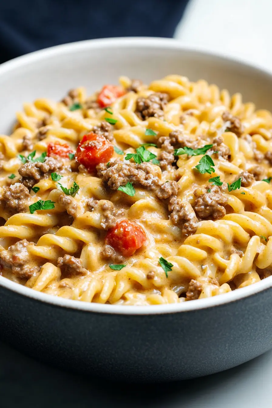 Stovetop Creamy Ground Beef Pasta – Comforting & Easy Dinner A close-up of creamy stovetop ground beef pasta in a dark ceramic bowl, featuring rotini pasta, savory beef, cherry tomatoes, and fresh parsley garnish.