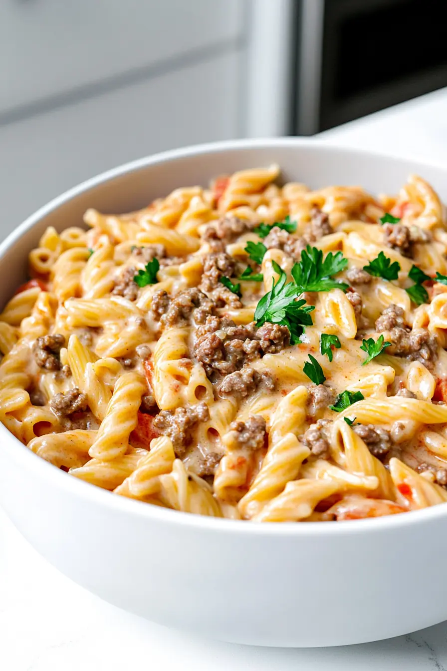 Stovetop Creamy Ground Beef Pasta – Quick & Flavorful One-Pot Meal A close-up of stovetop creamy ground beef pasta in a white ceramic bowl, featuring penne pasta coated in a rich tomato-cream sauce with browned beef and fresh parsley garnish.