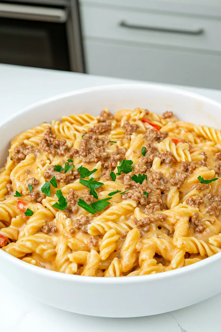 Stovetop Creamy Ground Beef Pasta – Easy One-Pot Meal A creamy stovetop ground beef pasta served in a white ceramic bowl, featuring rotini pasta coated in a rich tomato-cream sauce, garnished with fresh parsley.