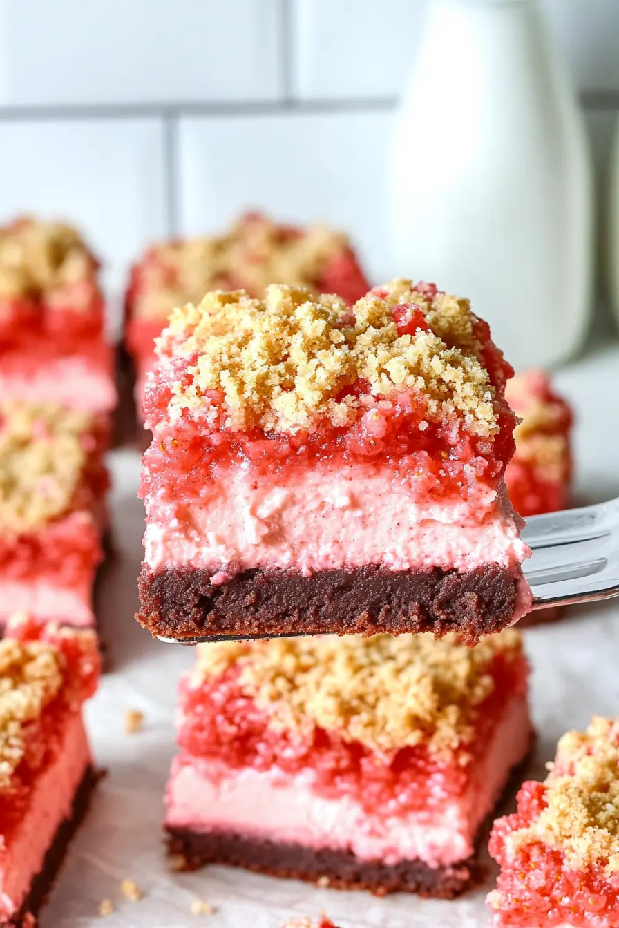 Single strawberry cheesecake brownie square on fork showing chocolate base, cream cheese layer, and golden crumble topping with more brownies stacked behind