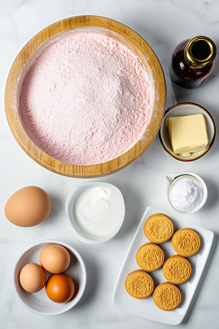 Ingredients for Strawberry Cheesecake Brownies, including strawberry cake mix, eggs, butter, cream cheese, powdered sugar, vanilla, and golden cookies for the crumble.