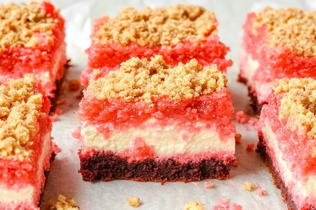Cut strawberry cheesecake brownies showing three distinct layers - chocolate brownie base, white cream cheese frosting middle, and golden crumble topping