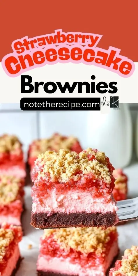 A close-up Pinterest pin of Strawberry Cheesecake Brownies, featuring a rich brownie base, creamy cheesecake layer, and a crunchy strawberry crumble topping.