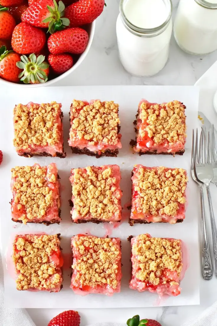 Nine cut strawberry cheesecake brownies arranged in rows on parchment paper with fresh strawberries and milk glasses, showing golden crumble topping
