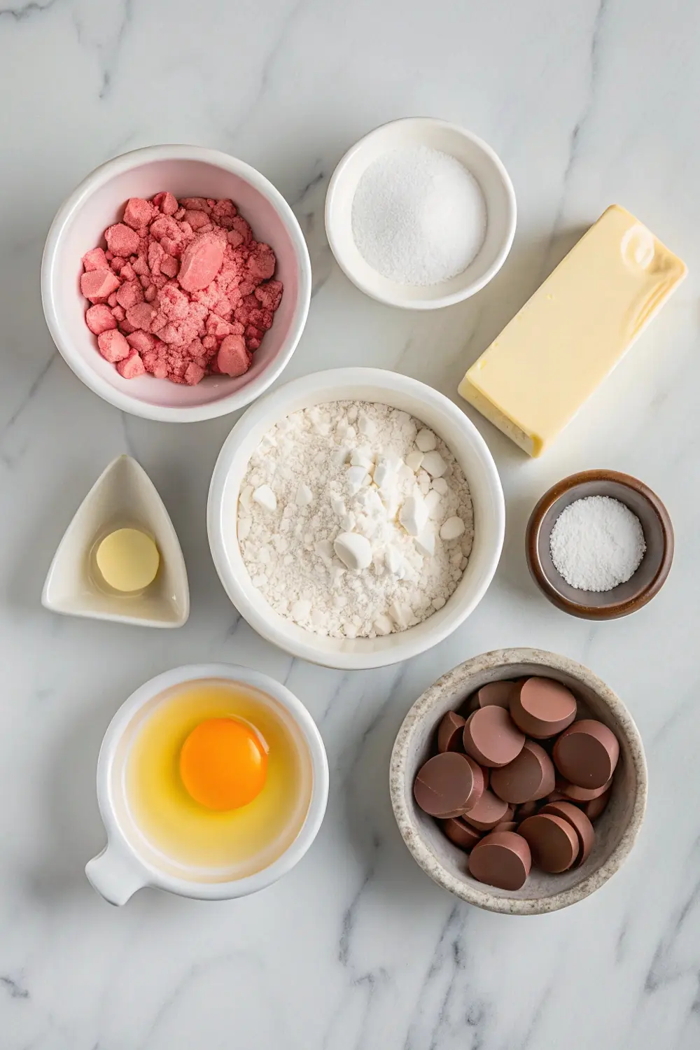 Ingredients for Strawberry Kiss Cookies, including strawberry gelatin, flour, butter, sugar, egg, vanilla extract, salt, and chocolate kisses, arranged on a marble surface.