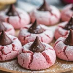 Soft and sweet Strawberry Kiss Cookies with a chocolate center, dusted with powdered sugar. A perfect pink treat for holidays and celebrations.
