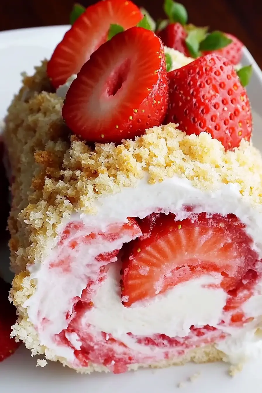 Strawberry Shortcake Cheesecake Roll – No-Bake Dessert Recipe Strawberry Shortcake Cheesecake Roll with fresh strawberries, whipped cream cheese filling, and buttery cookie crumbs on a white plate.