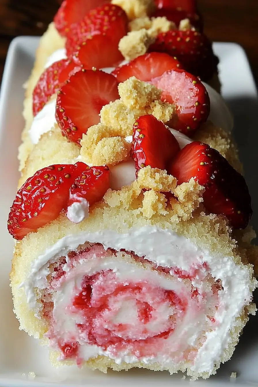 Strawberry Shortcake Cheesecake Roll – Easy No-Bake Dessert Strawberry Shortcake Cheesecake Roll with fresh strawberries, creamy cheesecake filling, and a buttery cookie crumble, served on a white plate.