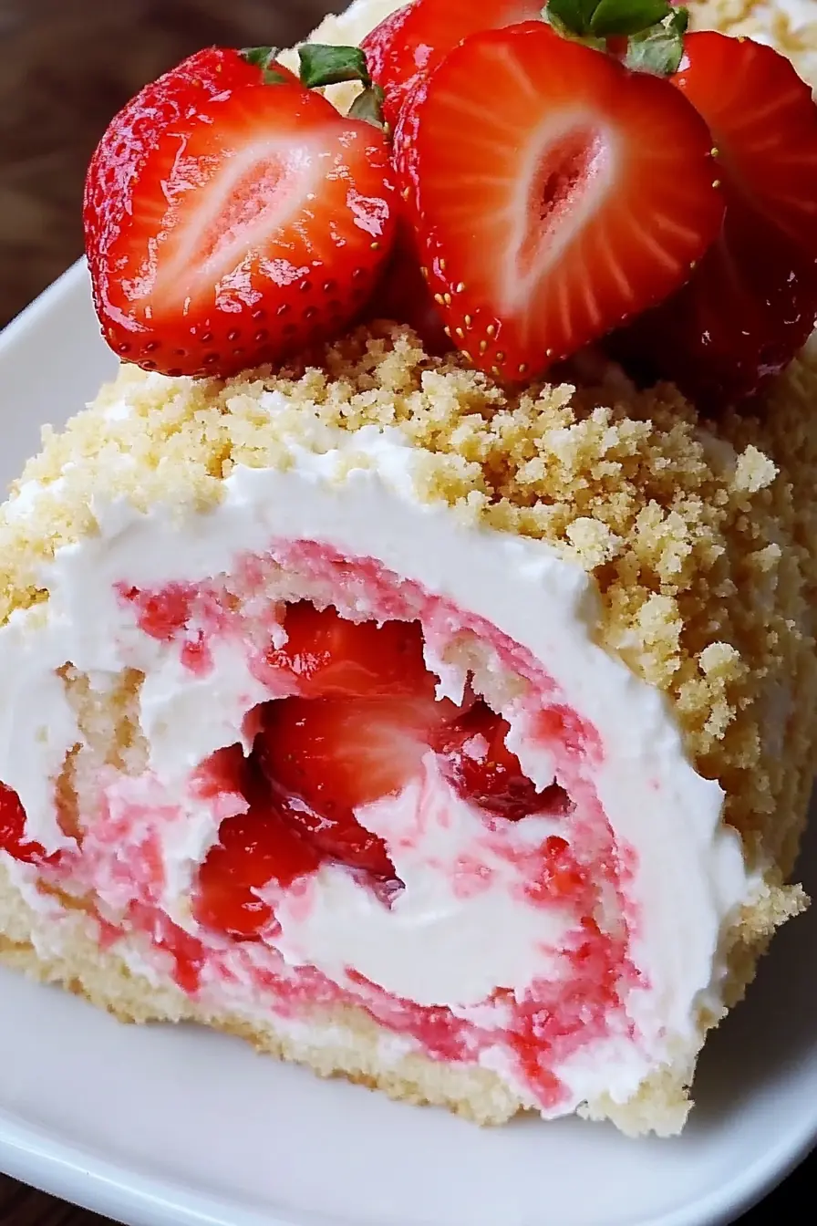 Strawberry Shortcake Cheesecake Roll – Easy No-Bake Recipe Strawberry Shortcake Cheesecake Roll filled with whipped cream, fresh strawberries, and a buttery cookie crumble, served on a white plate.