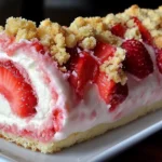 No-bake Strawberry Shortcake Cheesecake Rolls with cream cheese filling, fresh strawberries, and buttery cookie crumbles on a white plate.