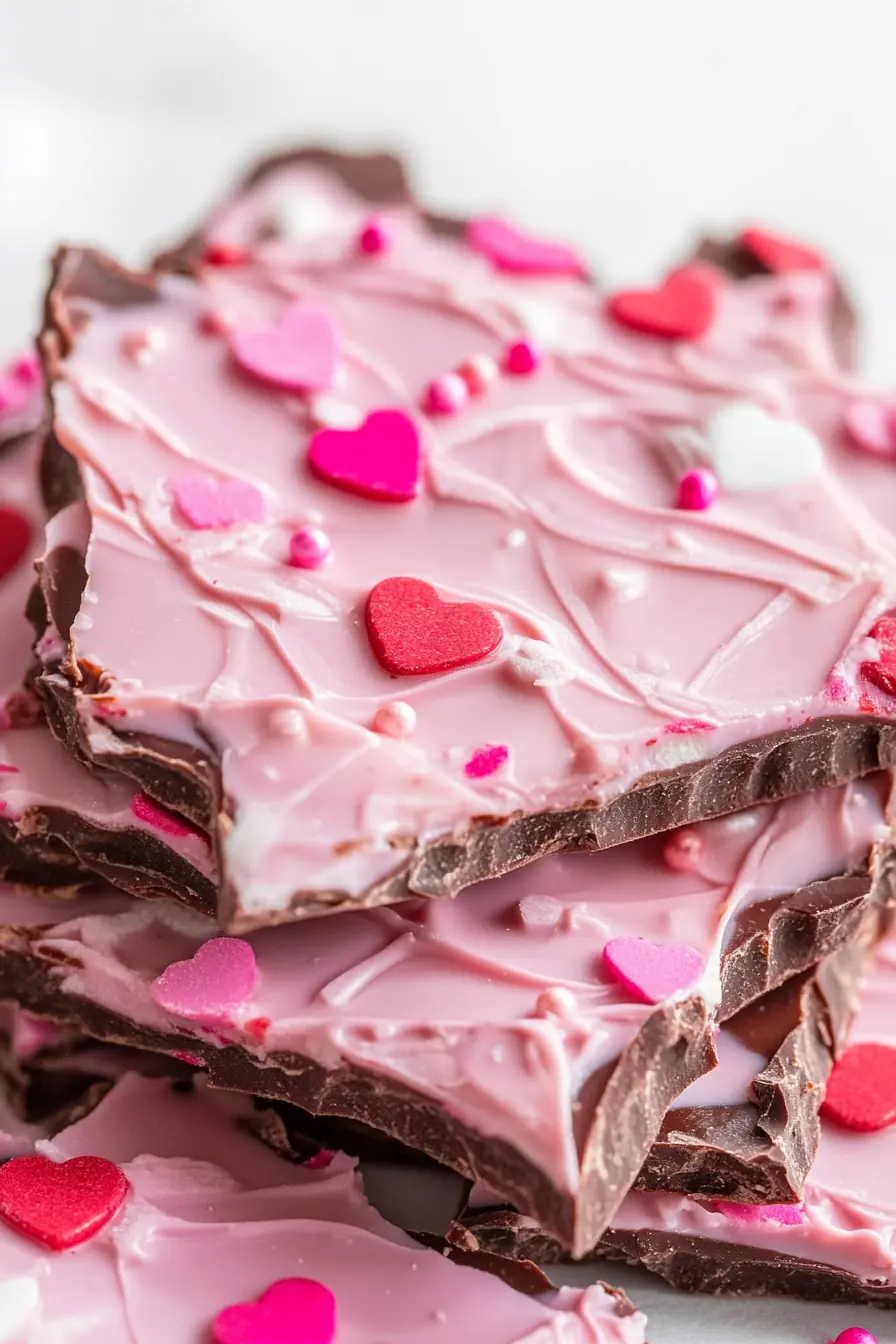 A stack of Valentine’s Chocolate Bark pieces with swirled pink and dark chocolate, topped with red and pink heart sprinkles, creating a festive and delicious treat.