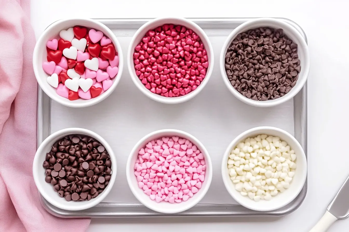 Small white bowls filled with chocolate chips, pink and red heart-shaped sprinkles, and white chocolate chips on a baking tray, prepared for making Valentine’s Chocolate Bark.