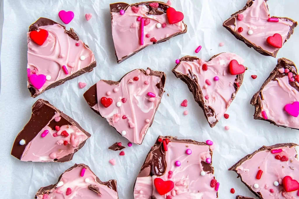Heart-shaped Valentine’s Chocolate Bark decorated with pink and red sprinkles, swirled white and dark chocolate, and festive heart candies on parchment paper.