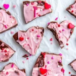 Heart-shaped Valentine’s Chocolate Bark decorated with pink and red sprinkles, swirled white and dark chocolate, and festive heart candies on parchment paper.