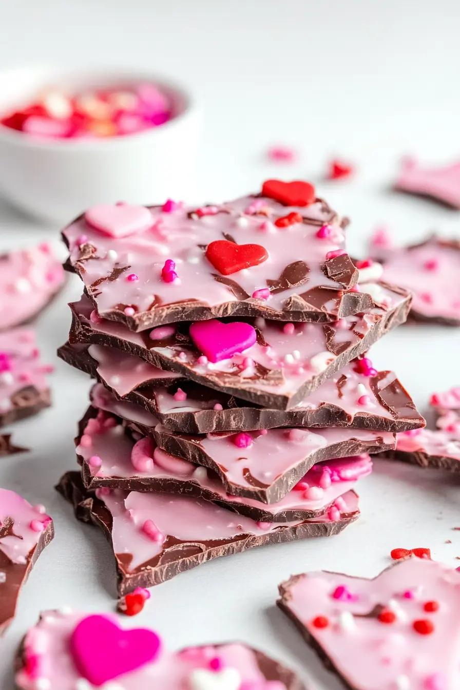 A stack of homemade Valentine’s Chocolate Bark with swirled pink and dark chocolate, decorated with red and pink heart-shaped sprinkles, surrounded by festive candy pieces.