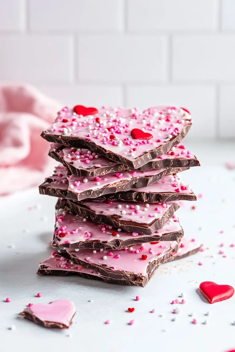 A stack of Valentine’s Chocolate Bark pieces with layers of dark and pink chocolate, decorated with heart-shaped sprinkles, sitting on a white surface with festive candy accents.
