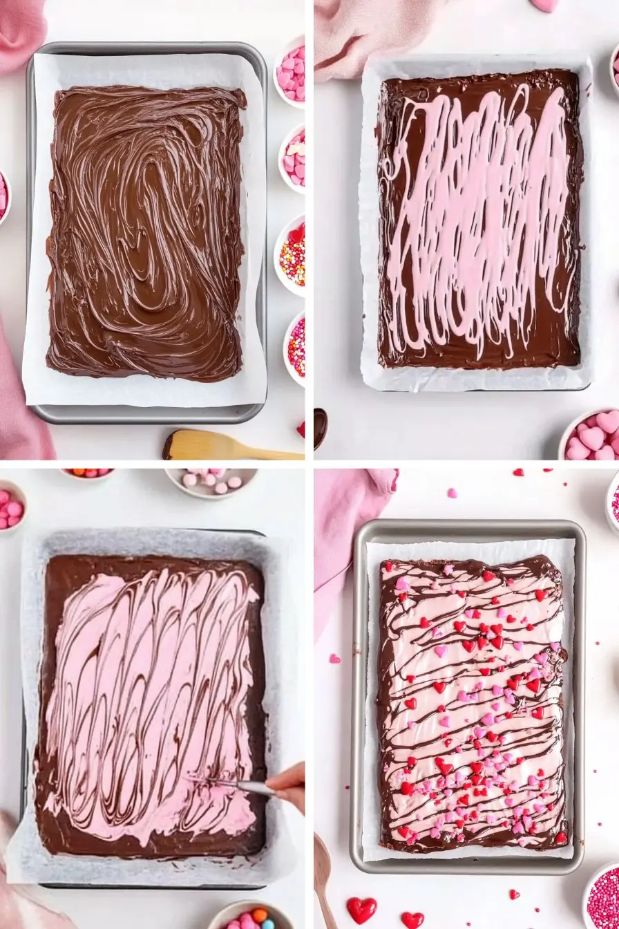Step-by-step process of making Valentine’s Chocolate Bark, showing melted dark chocolate spread on a baking sheet, pink chocolate drizzle, swirling with a knife, and finished bark decorated with heart sprinkles.
