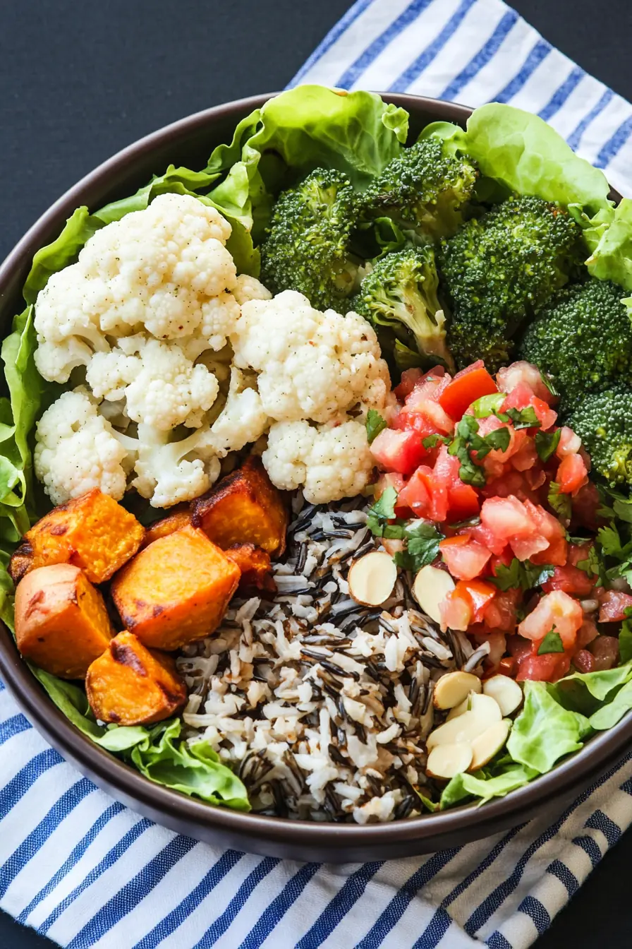 A colorful vegan power bowl with roasted sweet potatoes, wild rice, cauliflower, broccoli, fresh lettuce, sliced almonds, and pico de gallo.