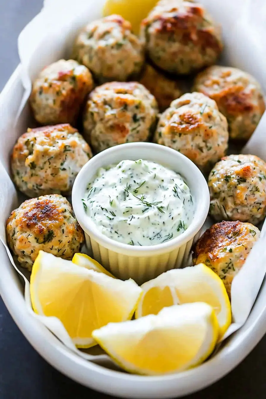 Golden-brown Greek chicken meatballs with fresh herbs, served with creamy tzatziki sauce in a white ramekin, accompanied by bright yellow lemon wedges in a white dish lined with parchment paper.